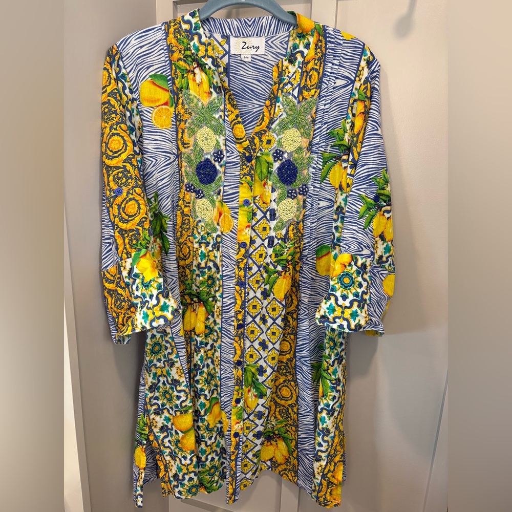 Zury Vibrant Blue and Yellow lemons tunic